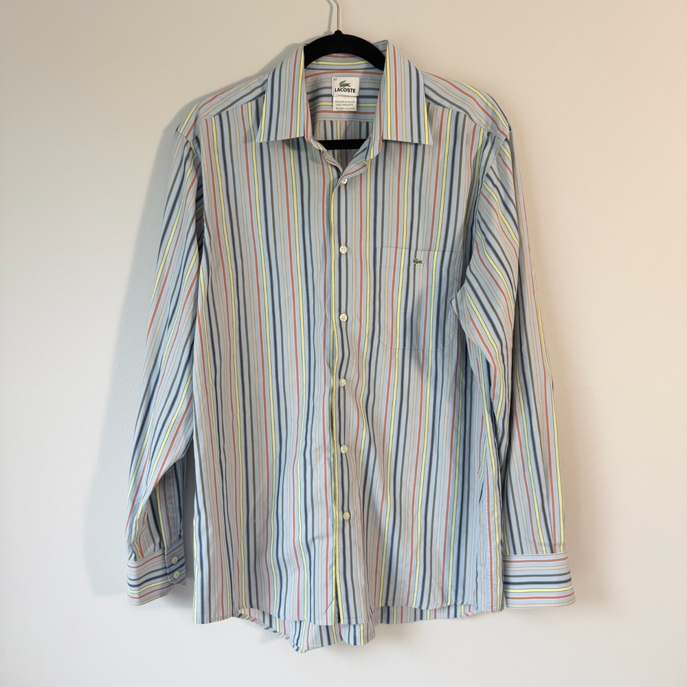 Lacoste Multicolor Stripe Button Front Dress Shirt Mens 42 Large French Designer